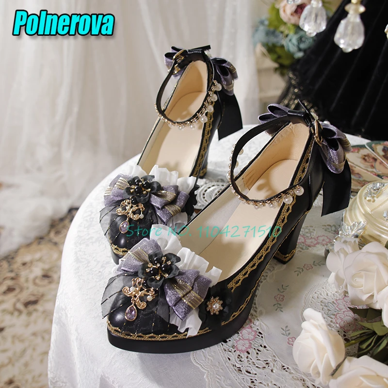 Lace Bow Pearl Strap Mary Jane Shoes for Women Black Leather Platform Ankle Buckle 8CM Thick Heel Pumps Sweet Party Lolita Shoes