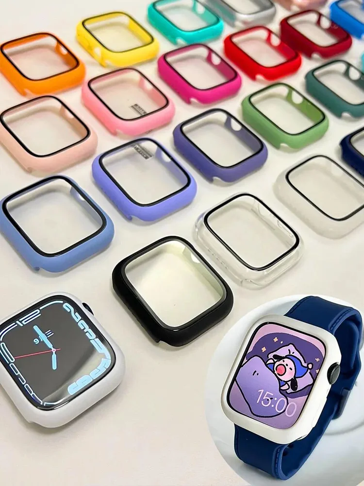 Tempered Glass+cover For Apple Watch Accessories 45mm 41mm 44mm 40mm 42mm Screen Protector serie 9 4 5 6 SE 7 8 Apple watch Case