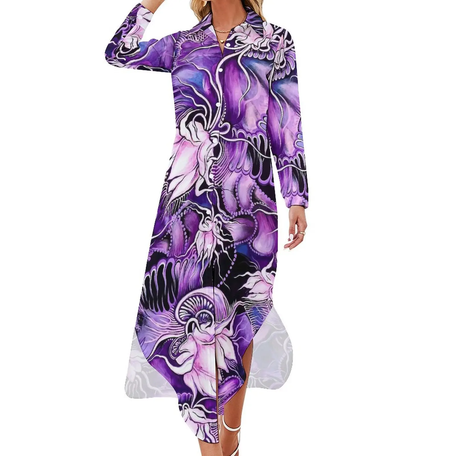 

Purple Lily Floral Chiffon Dress Ghost Flower Kawaii Dresses Street Wear Casual Dress Women Sexy Graphic Clothes Big Size 5XL