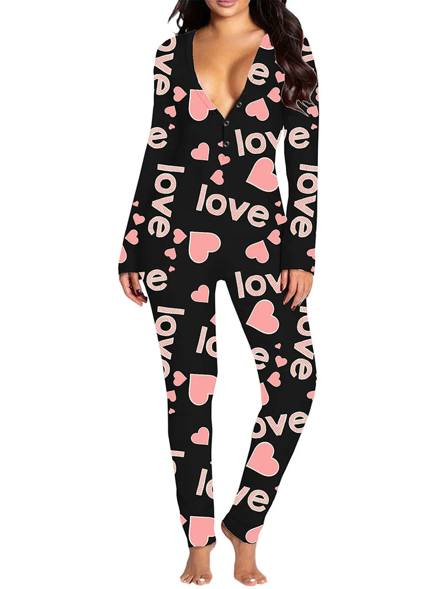 Valentines Day Women Jumpsuit Long Sleeve V Neck Button Closure Letters Heart Print Bodysuit Loungewear Sleepwear