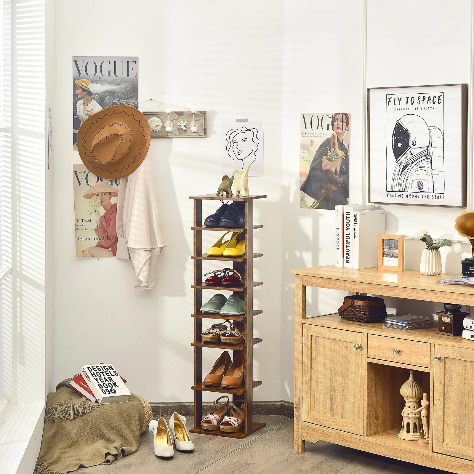 7-Tier Free Standing Shelf Storage Shoe Rack Tower Rustic Brown