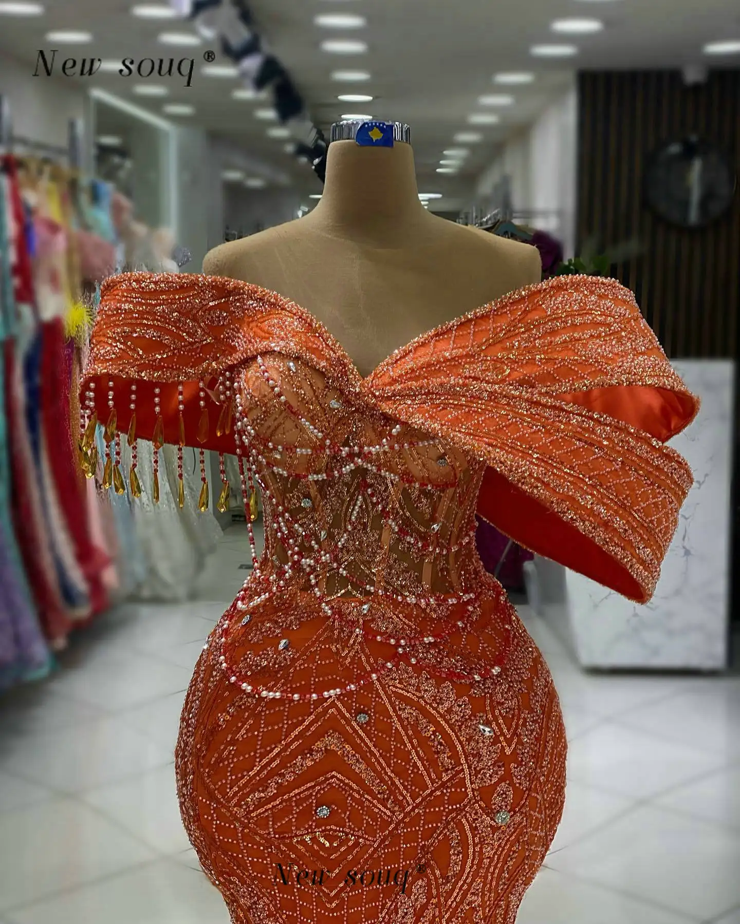 Arabic Orange Long Evening Dresses with Bolero Wrap Fashion Sparkly Beaded Sequined Formal Mermaid Gowns for Wedding Party