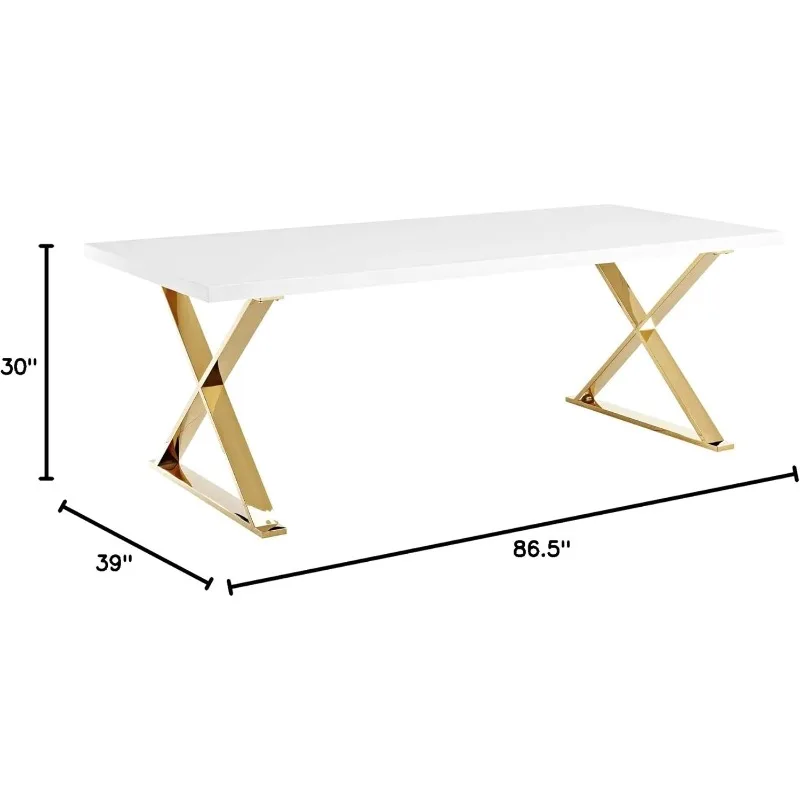طاولة طعام حديثة مقاس 87 بوصة مع قاعدة X ذهبية، لمسة نهائية من الذهب الأبيض، تصميم معاصر #3