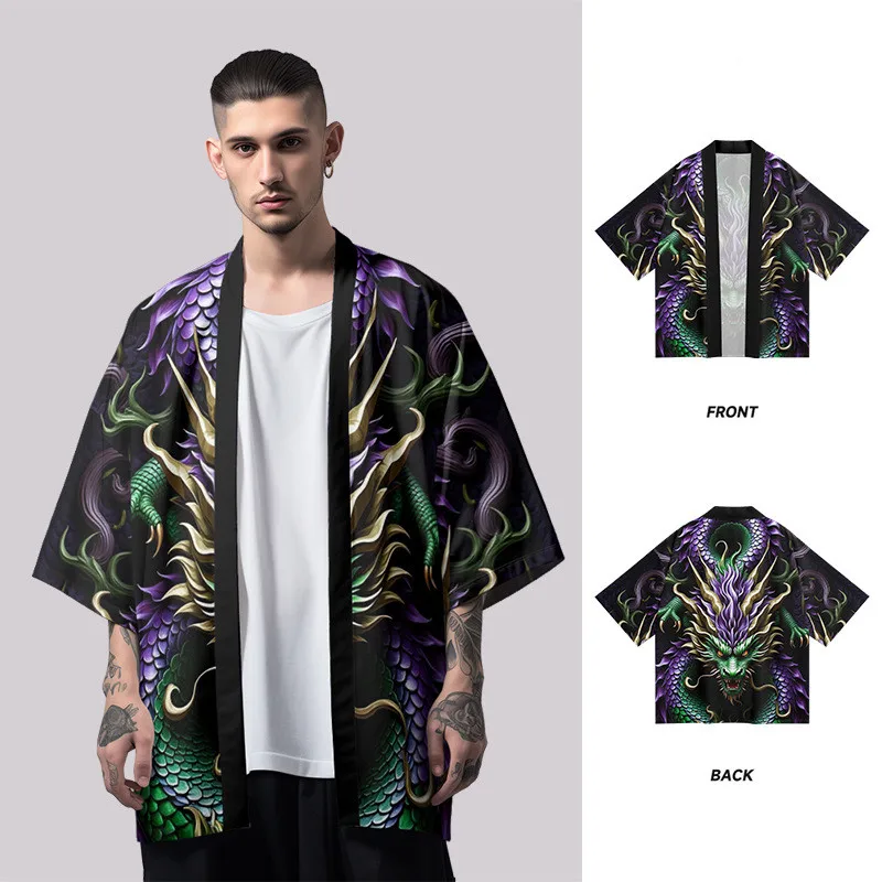 سترة هاراجوكو مطبوعة بالتنين كيمونو ملابس الشارع للرجال والنساء سترة كوسبلاي هاوري يوكاتا للشاطئ على الطراز الياباني مقاس كبير