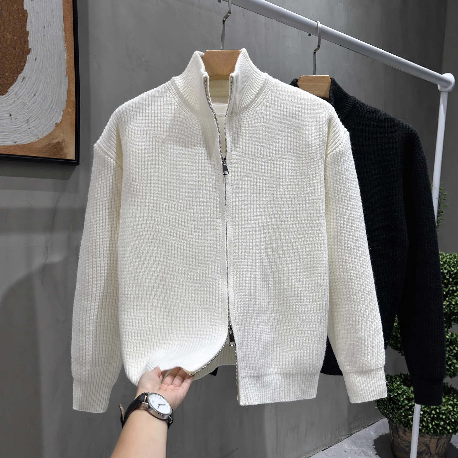 سستة الجبهة لون نقي هوديي Jaet الرجال محبوك سترة الوقوف طوق شبه عالية طوق سترة عادية Sle ألياف البوليستر