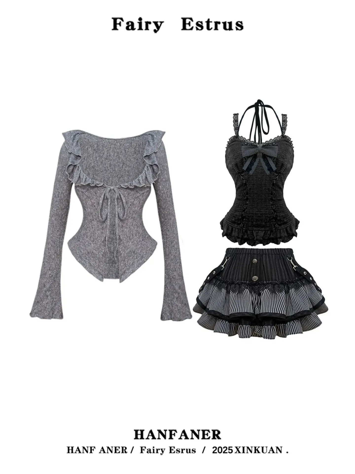 Early Autumn Pure Desire Spicy Girl Set Women's 2026 New Black Lace Strap Grey Knitted Cardigan Short Skirt Fashion Set
