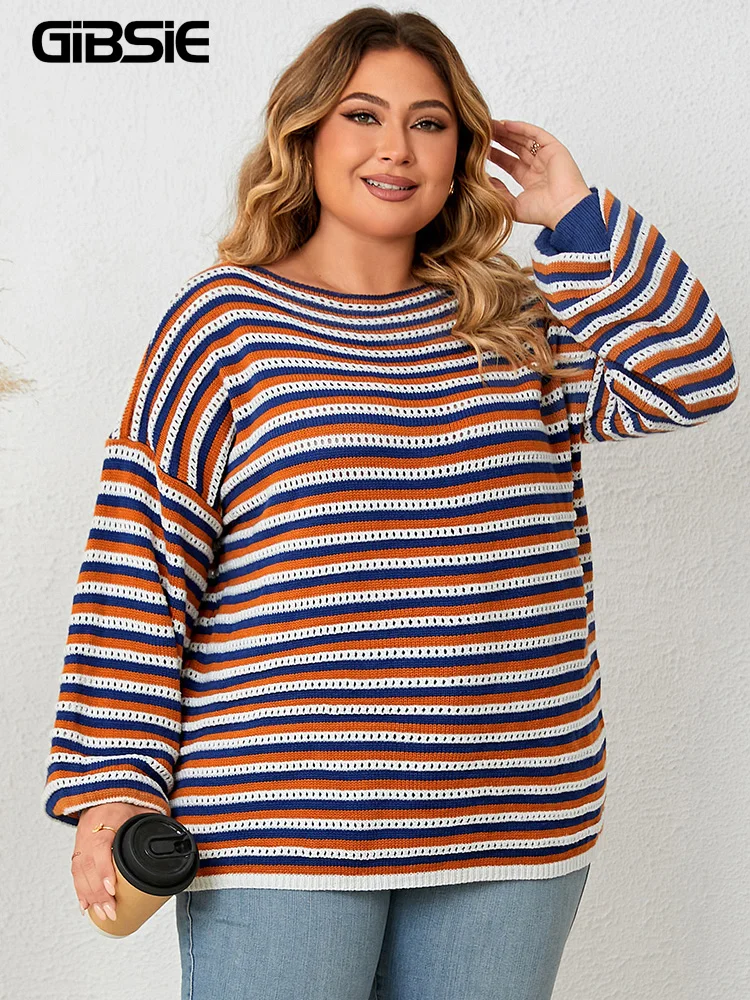 GIBSIE Plus Size Drop Shoulder O-Neck Knitted Sweater Women 2023 Fall Winter Striped Casual Long Sleeve Loose Pullover Tops