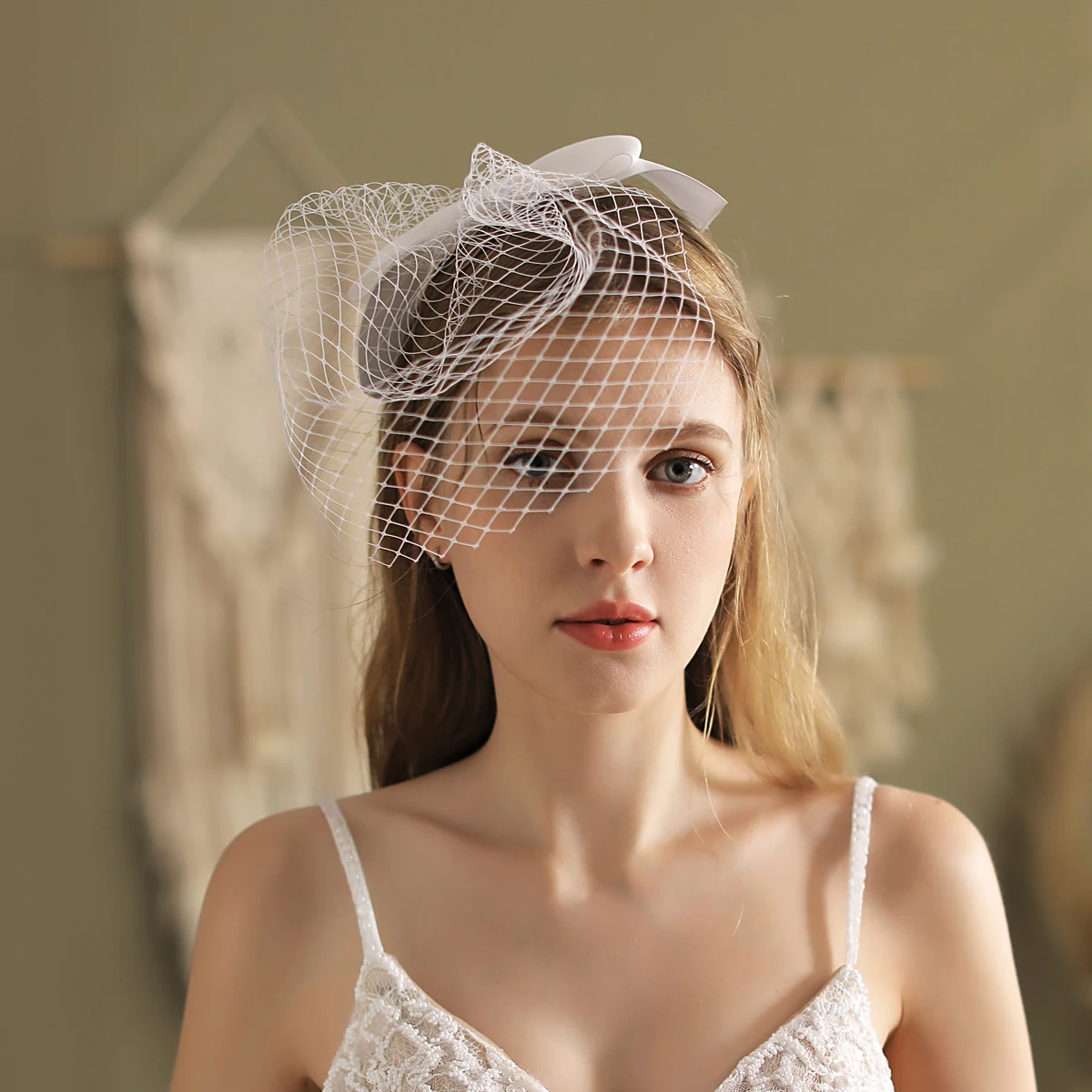 V803 Short White Bridal Veils Handmade Satin Bow Net Headdress Wedding Veil for Women Pageant Prom Parties