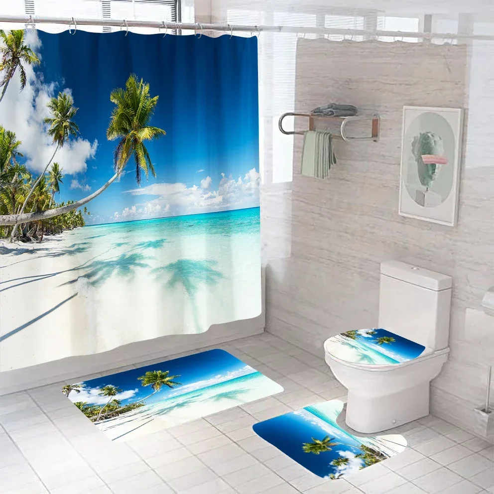 3D Seascape Beach Theme Shower Curtain Sets Toilet Cover Bath Mat Carpet Rugs Bathroom Drapes Shower Curtain Set with Hooks