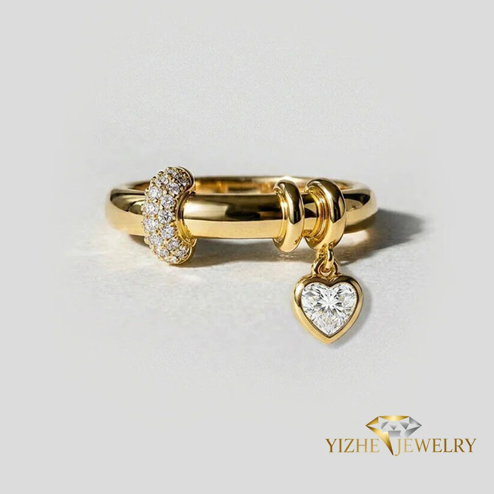 Nouvelle bague dôme plaquée or 2026 avec chaîne en forme de cœur et goutte d'eau, zircon cubique de haute qualité, bijoux pour femme
