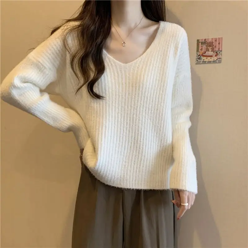 Yasuk Autumn Winter Fashion Casual Women\'s Slim Loose All-Match Gentle Sloid Pullover Knitted Sweater Retro Girl Soft Warm