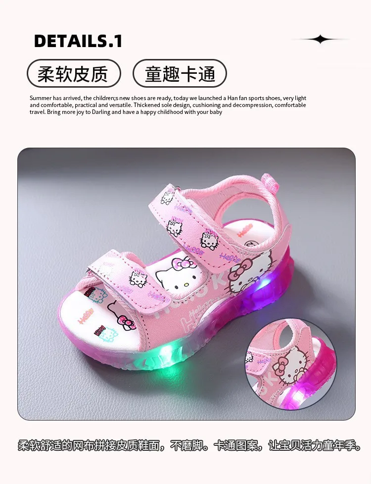 Sanrio Hello Kitty Summer New Girls Led Light Sandals Beach Outdoor Non-slip Casual Shoes