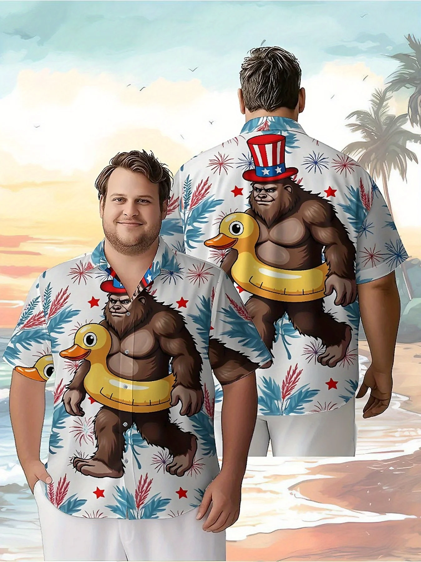 

Men's Plus Size Hawaiian ShirtsSasquatch and Inflatable Duck Fantasy Adventurepattern, Summer Tops for Outdoor,party, Streetwear