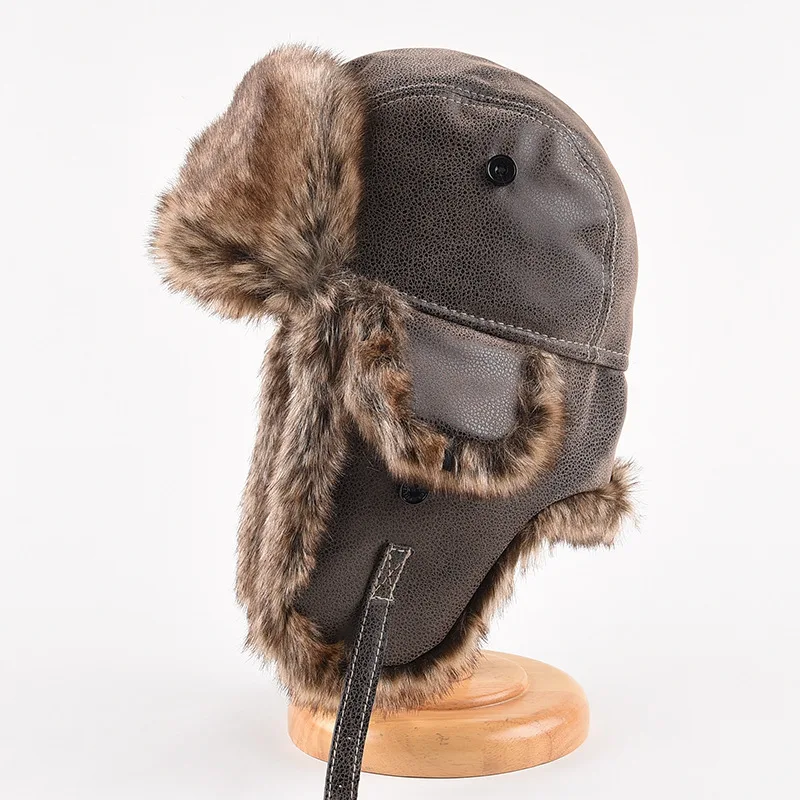 Retro PU Leather Trooper Hat Faux Fur Thick Ear Flap Winter Trapper Hat Windproof Ushanka Adjustable Strap for Men Women