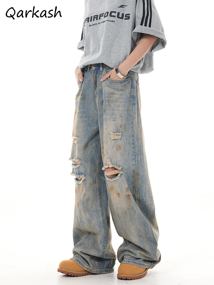 

Tie Dye Jeans for Women Washed Distressed Loose Straight Leg Slightly Flared Ripped Trousers Autumn New American Retro Couple