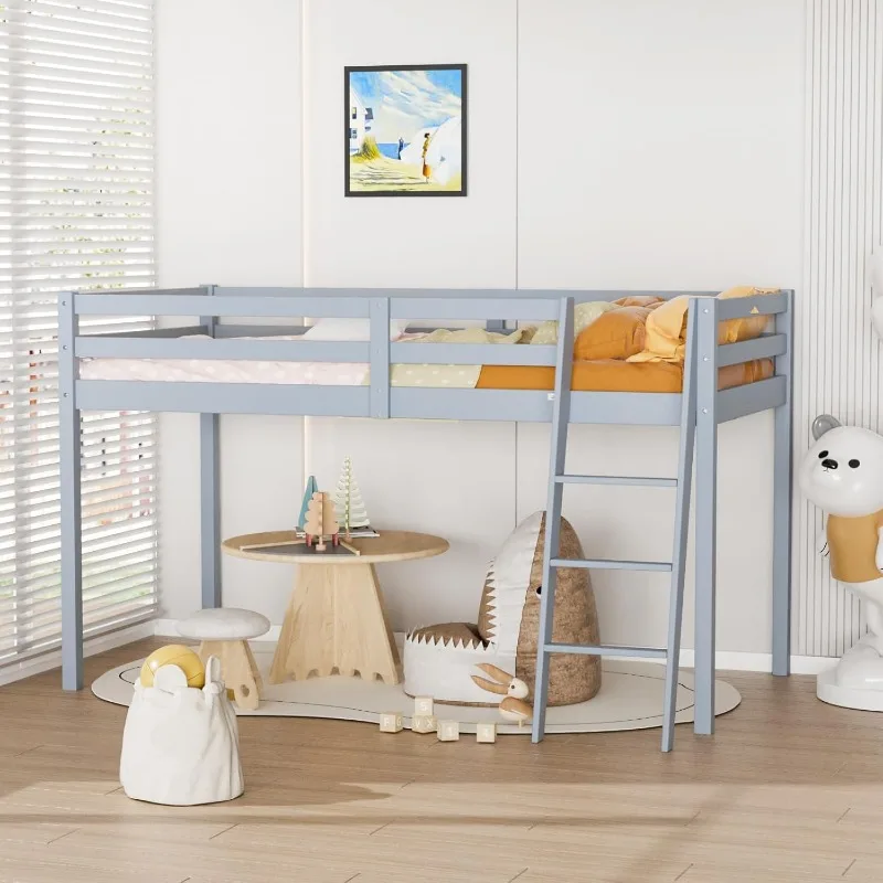 Low Loft Bed Twin Size with Inclined Stairs, Junior Loft Bed with High Guard Rail for Kids/Young Teens/Adults