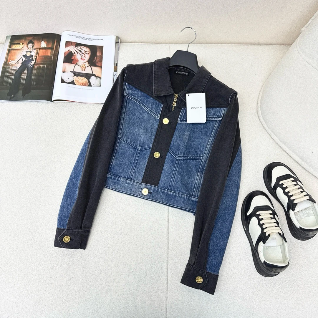 EVACANDIS ฤดูใบไม้ผลิใหม่ผู้หญิงคุณภาพสูงตีสี DENIM เสื้อแจ็คเก็ตกระเป๋าคู่ Chic Casual VINTAGE SINGLE Breasted Tops