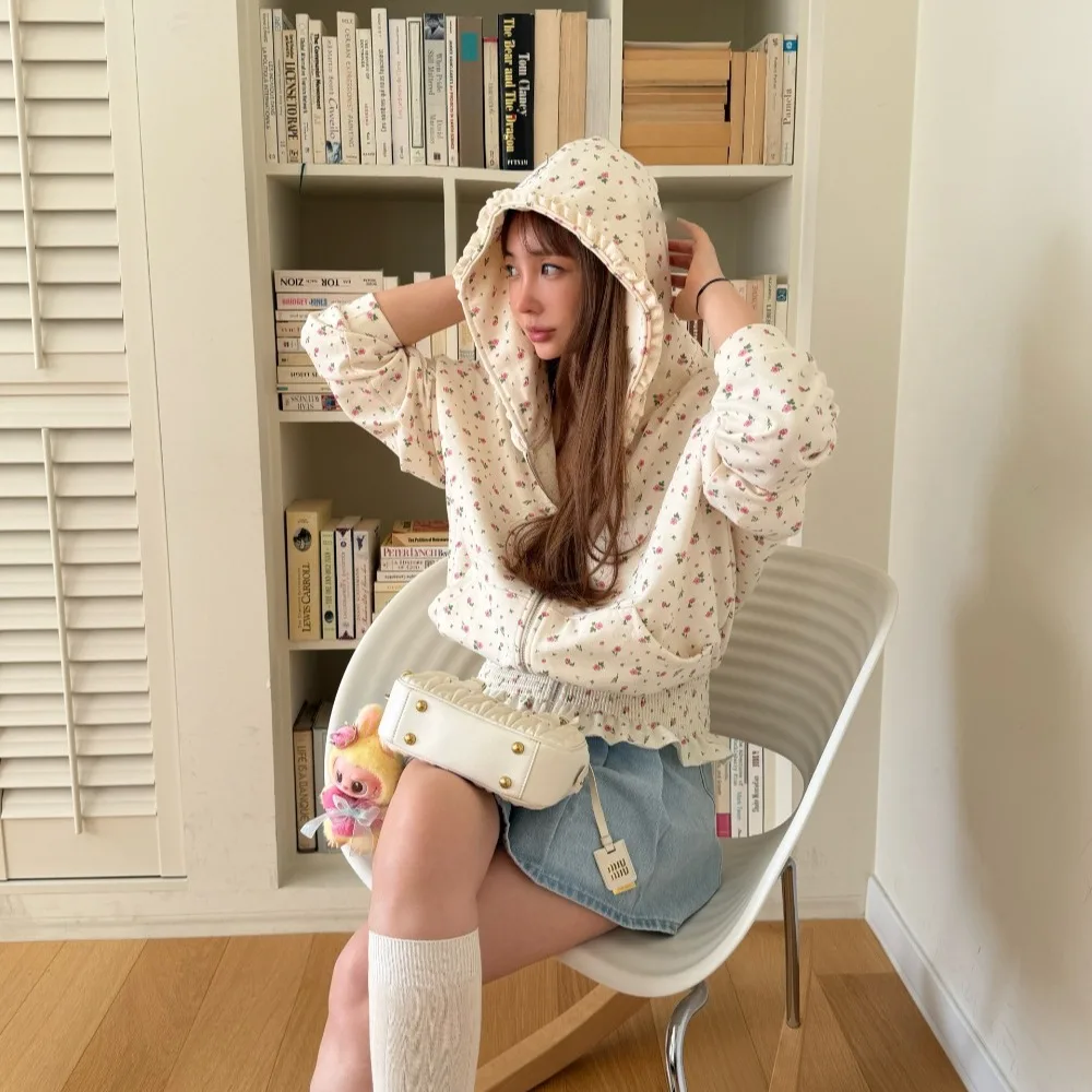 Korean Style Chic Floral Print Hooded Open Cardigan Waist Cinched Short Zipper Jacket for Women Cotton Material Spring Autumn