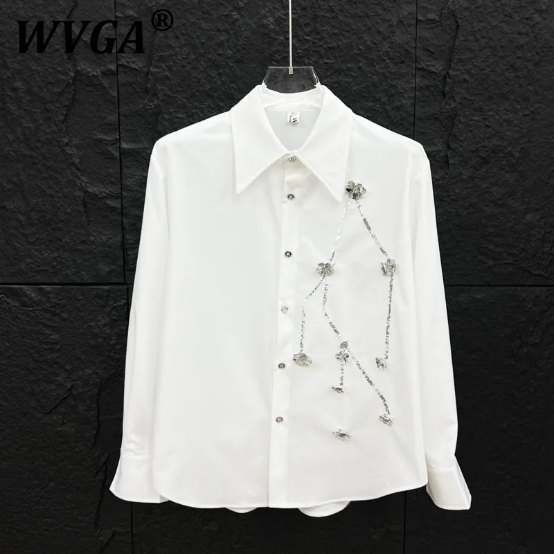 

WVGA Spring Autumn New Man Tide Heavy Sequin 3D Flower Design Long Sleeve Shirts Korean Style Niche Chic Casual Shirt Ins W9252
