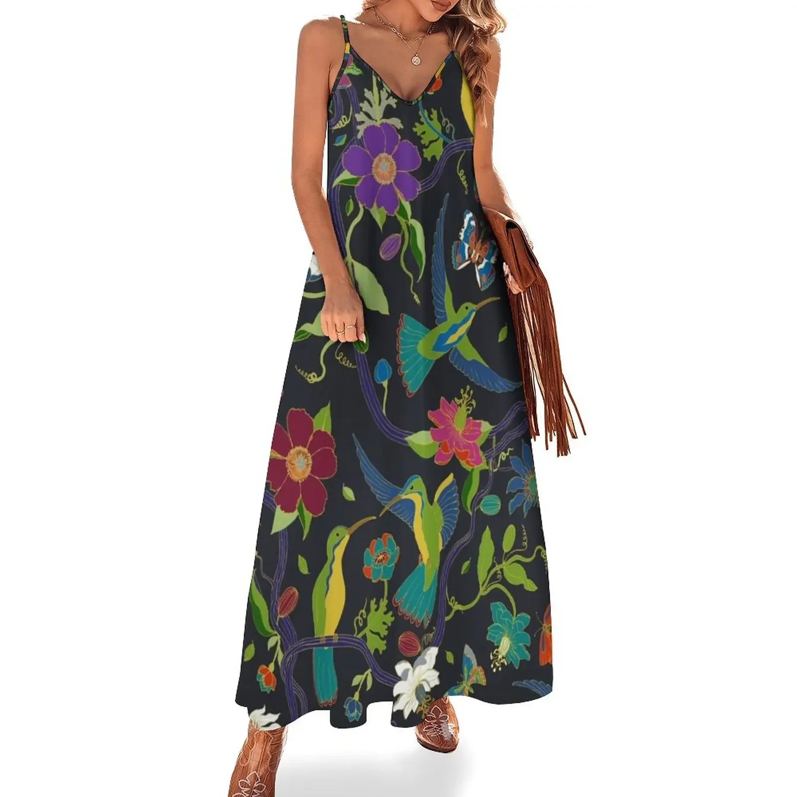 

Hummingbirds and Passionflowers - Cloisonne on Black - pretty floral bird pattern by Cecca Designs Sleeveless Dress Prom gown