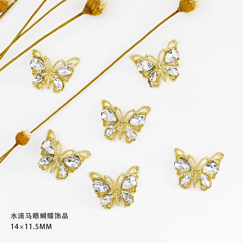 3D Butterfly Nail Jewelry Glass Crystal Rhinestones Sparkle Butterfly Nail Charms DIY Golden Alloy Diamond Nail Art Accessory #*