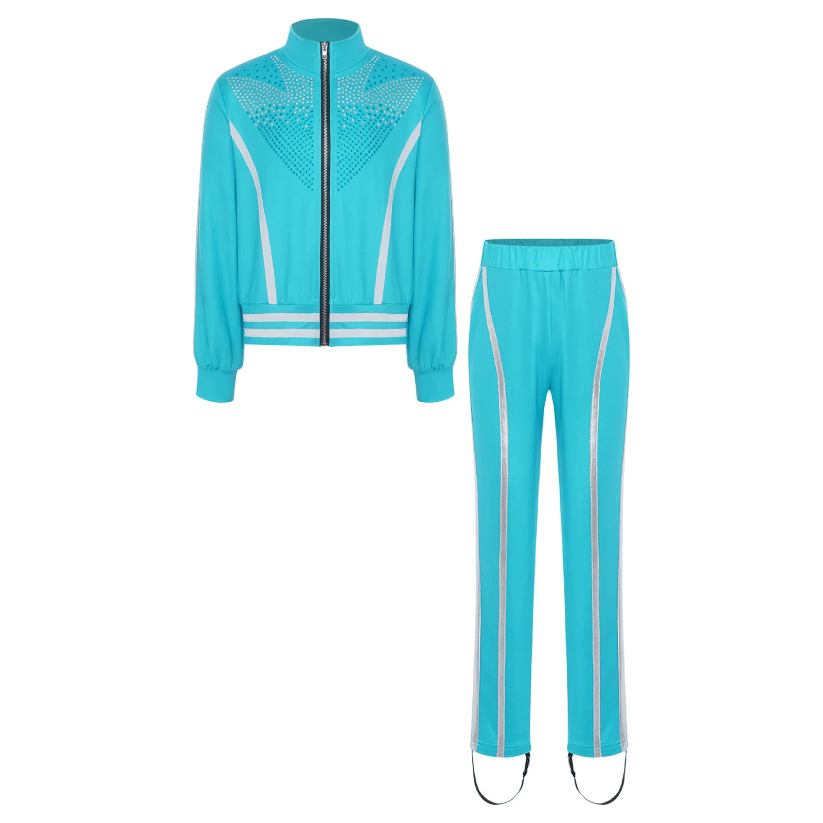 

Kids Boys Figure Ice Skating Gymnastics Training Performance Costume Long Sleeve Rhinestones Zipper Athletic Jacket with Pants