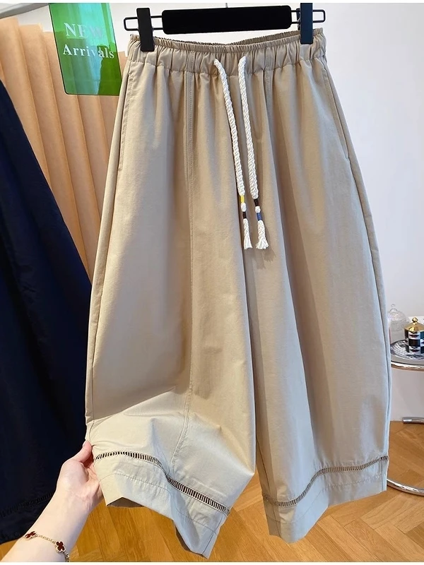

High Waist Lace Splice Hollow out Wide Leg Pants Women's plus Size Dstring Nine Points Pants Casual Breathable Cotton Skin...