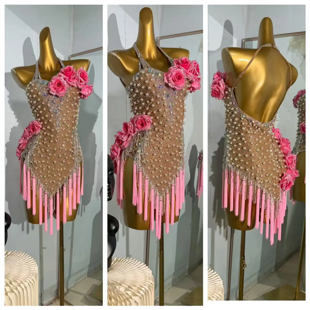 ใหม่ผู้หญิงชุดเต้นรำละตินดอกไม้เพิร์ลพู่ชุดผู้ใหญ่และเด็กชาชาแทงโก้ชุดมืออาชีพ