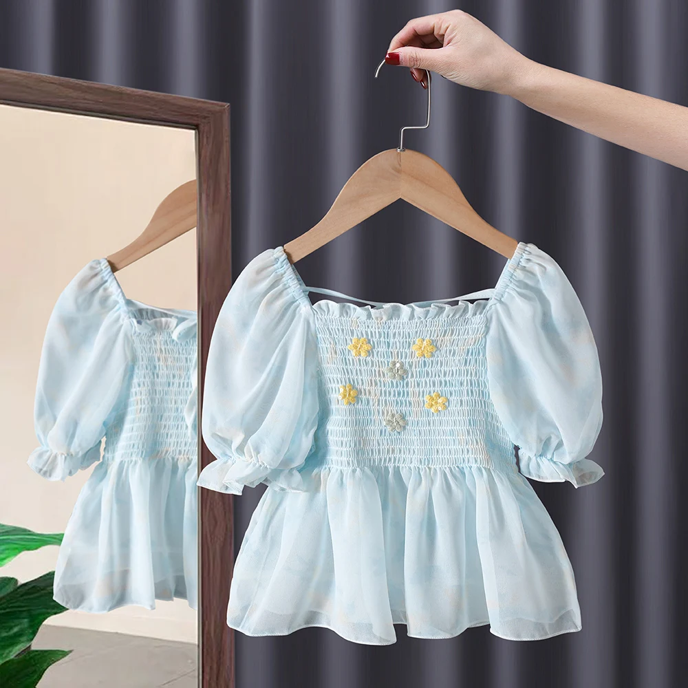 Cute Floral Baby Girls Shirt Summer Ruffles Short Puff Sleeve Square Collar Kids T-Shirts Princess Blouse Tops Children Clothes