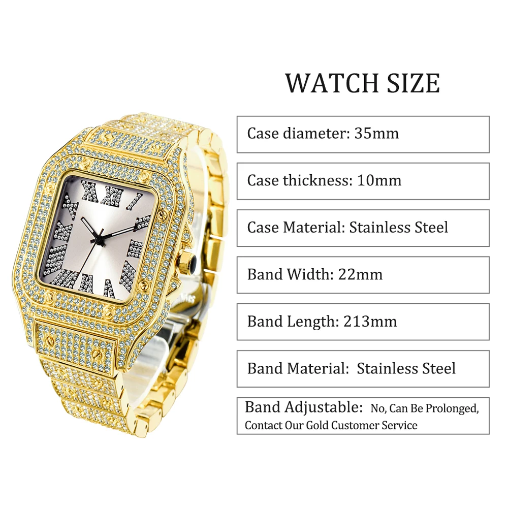 Ultrathin Fashion Crystal Male Watch Luxury Diamond Bracelet Wristwatch Square Full Ice Out Bling Watches For Men Hip Hop Rapper