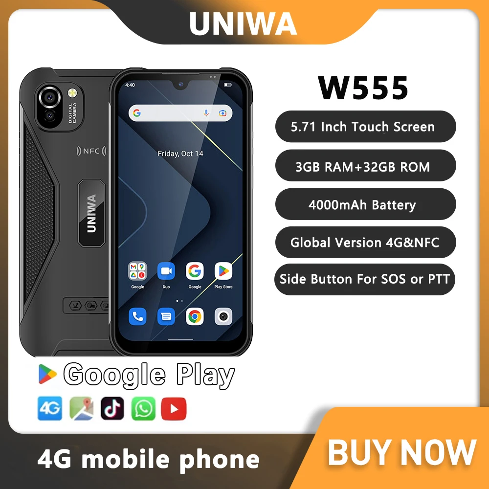 UNIWA W555 Rugged 4G Smartphones Android 12, 3GB+32GB 5.71Inch Mobile Phone 4000mAh 13MP Camera NFC phone