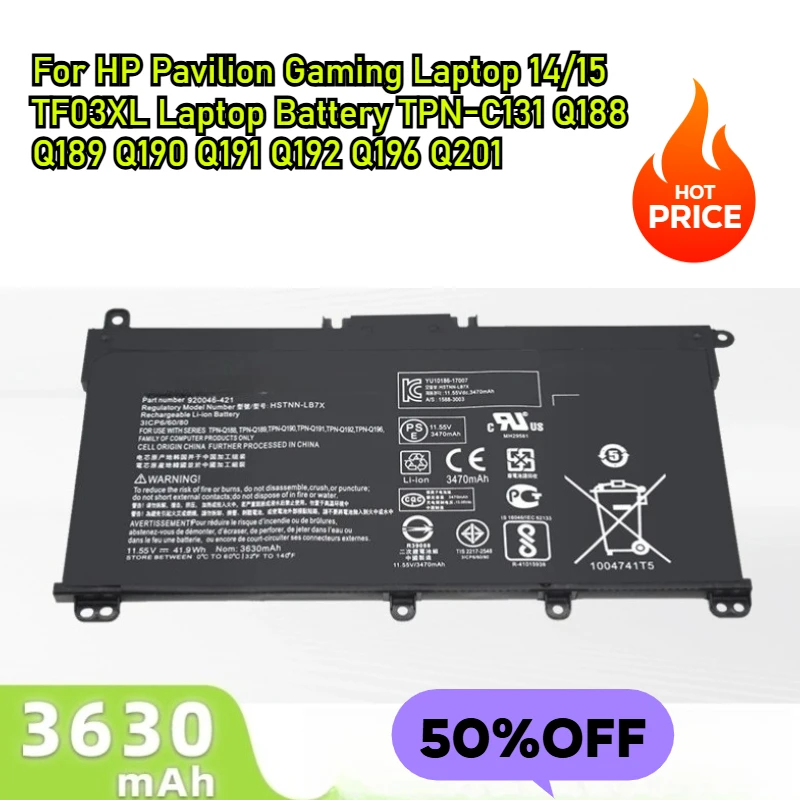 

For HP Pavilion Gaming Laptop 14/15 TF03XL Laptop Battery TPN-C131 Q188 Q189 Q190 Q191 Q192 Q196 Q201