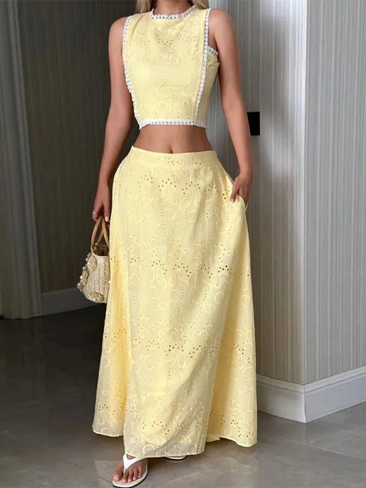 

Leisure vacation loose women's two-piece set for spring and summer new style sleeveless long skirt pocket high waist set