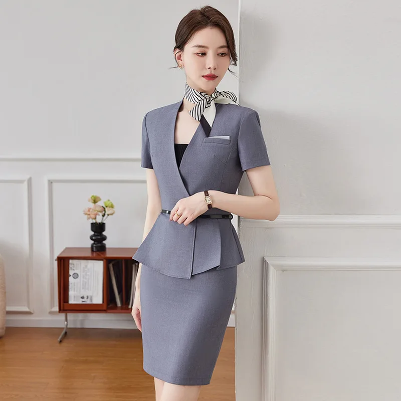 Fashion V-neck Formal Women Business Suits 2 Piece Set with Skirt and Tops Women OL Styles Blazers Office Career with Corsage