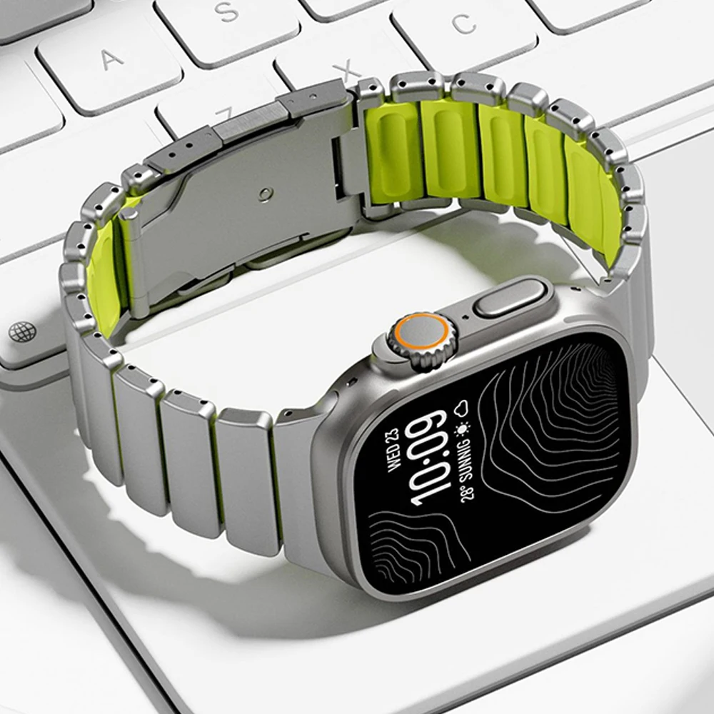 Titanium Silicone Band for Apple Watch Ultra 3/2/1 49mm 46mm 45mm 44mm Safety Snap Button Strap for IWatch 11 10 9 8 7 6 5 SE 3