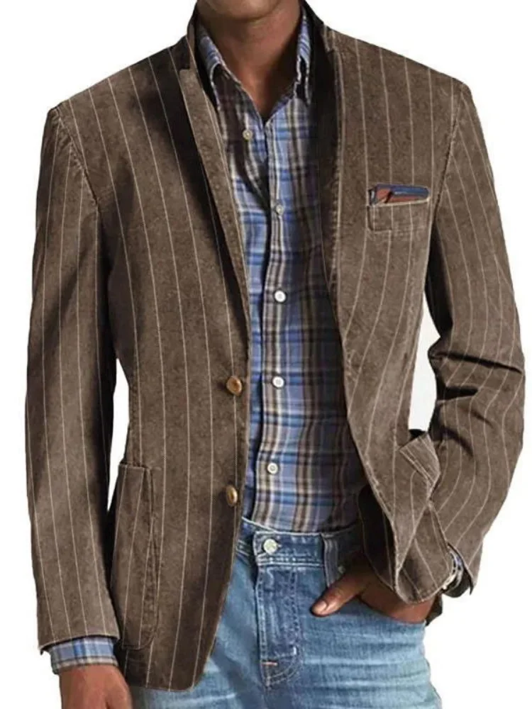 Men Retro Brown Striped Denim Suit Jacket Two Button Relaxed Fit Notch Collar Multi Pockets Casual Daily Blazer Coat