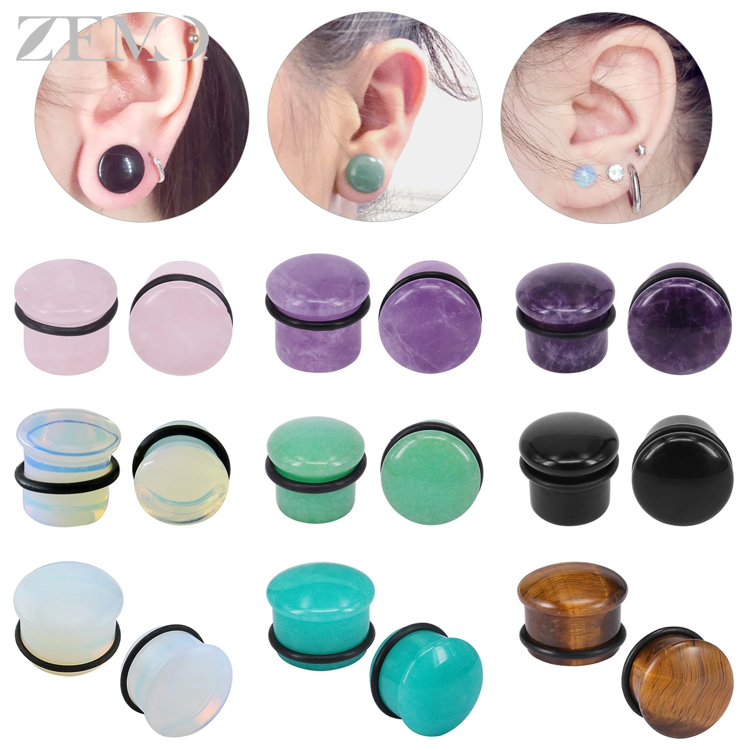 ZEMO 2pcs/lot Natural Stone Ear Plugs And Tunnel Unisex Punk Large Gauges Single Flare Flesh Strecher Expander Piercings 4-18MM