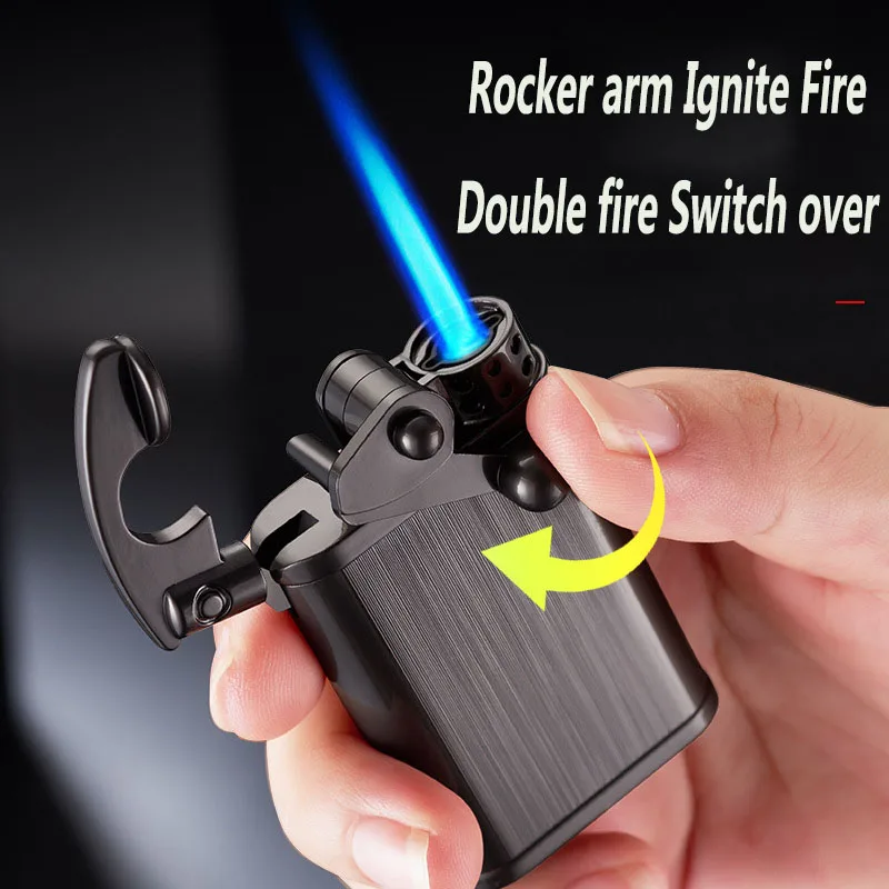 Metal Gas Lighter Creative Cigarette Lighter Double Fire Windproof Rocker Soft Fire Plus Straight Fire Cigar Butane Lighter