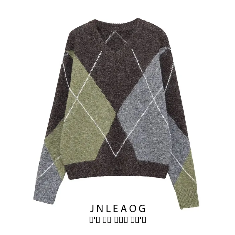 

JNLEAOG модный вязаный свитер с ромбовидным узором Street Sle свободного покроя V-Ne Long Sve из полиэфирного волокна осеннее новое поступление