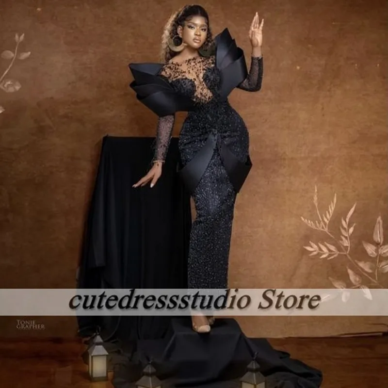 Nigerian Women Black Evening Dresses Elegant Luxury Beading Mermiad Wedding Party Gowns Long Sleeves Vestidos De Noche