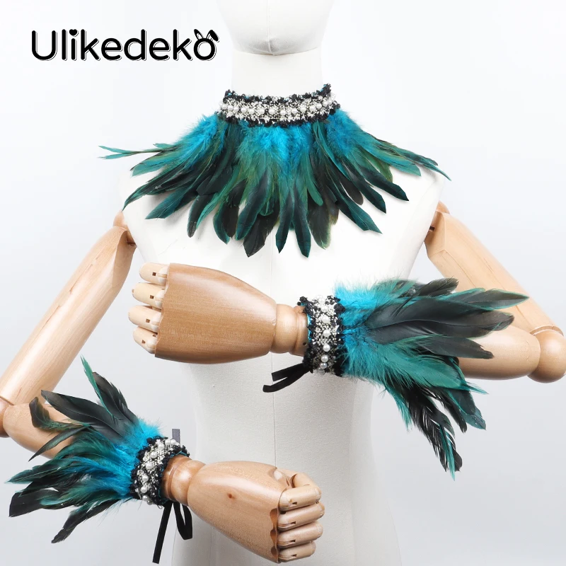 Artificial Pearl Feather Fake Collar and Wrist Cuffs Victorian Accessories Gothic Rave Party Stage Masquerade Cuello Victoriano