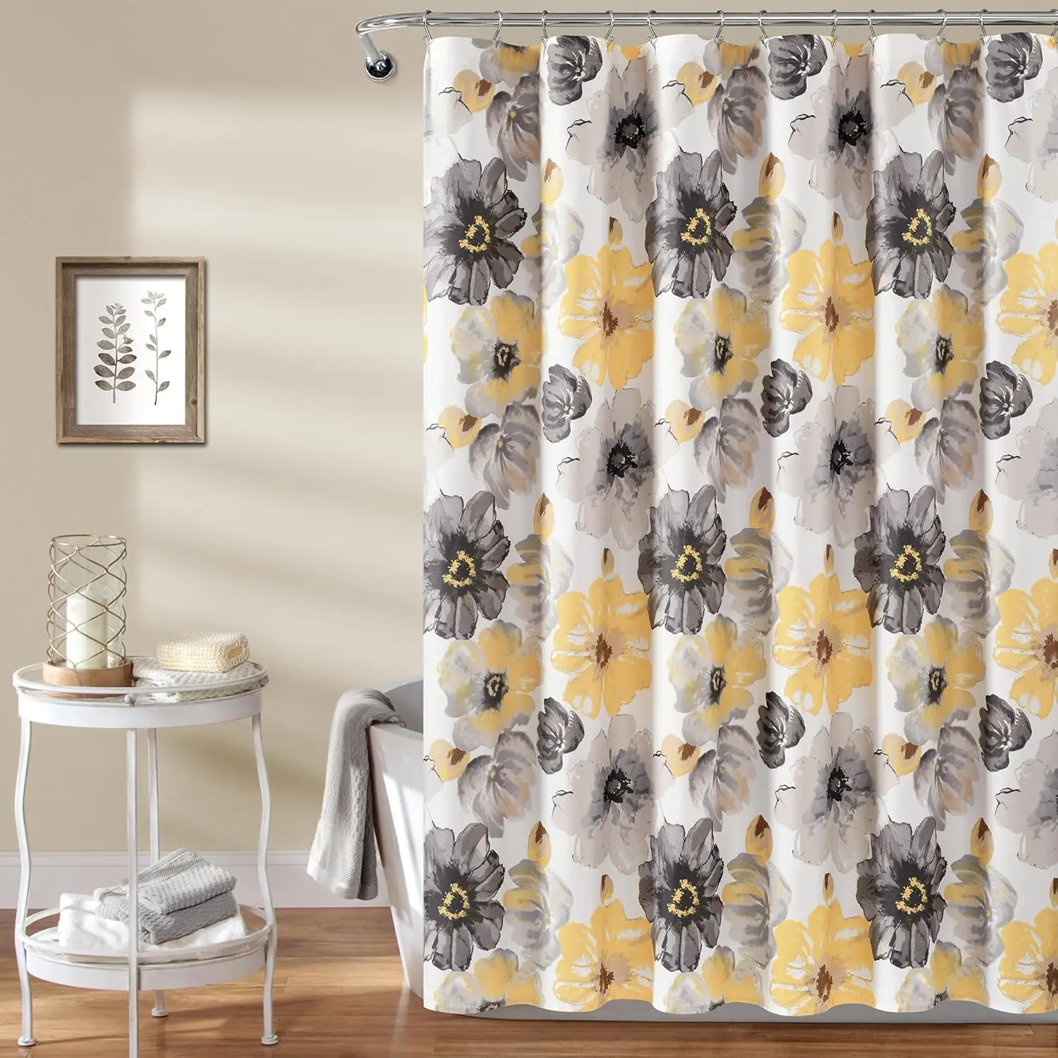 

Floral Shower Curtain 72x72 Yellow Gray Fabric Watercolor Botanical Bathroom Farmhouse Decor