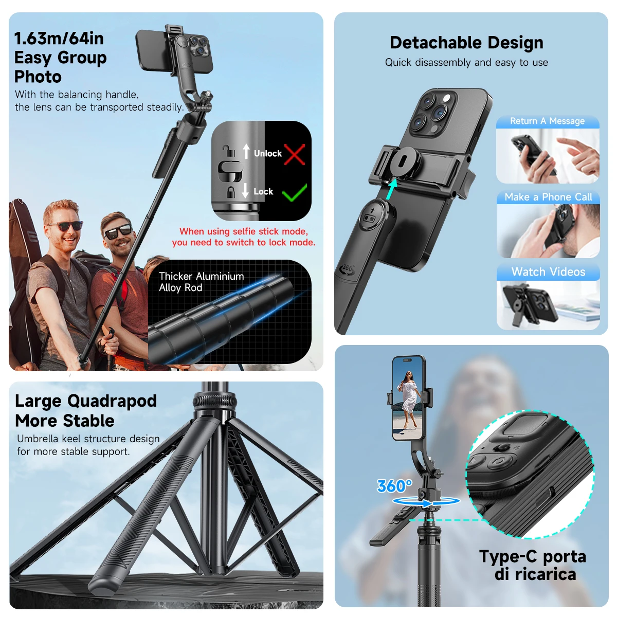 AXNEN 64 polegadas 360 °   Rotação AI Face Tracking C17 Gimbal Selfie Stick Tripé Equilíbrio Alça Quadrádio Multi-função Remoto