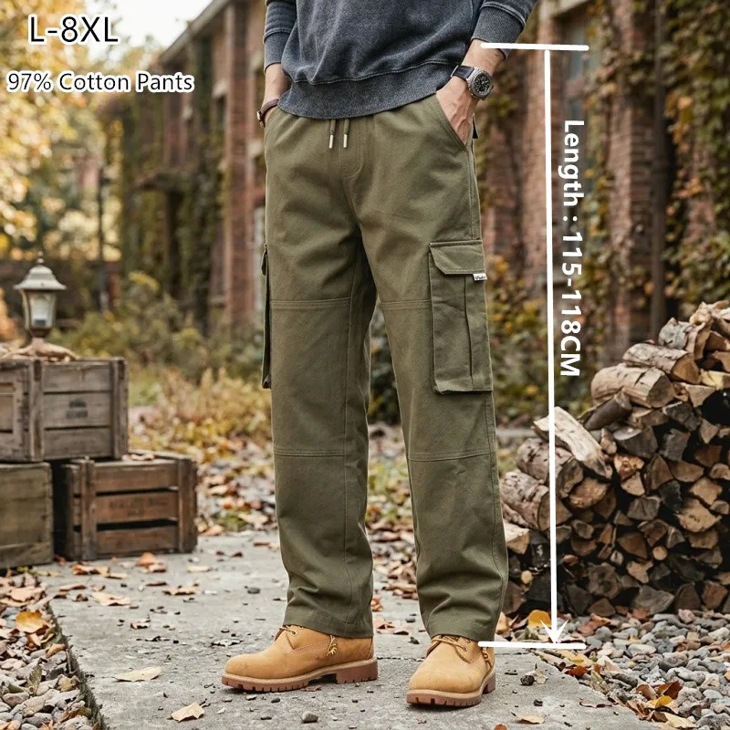 Cotton Cargo Pants For Tall Men 8XL Extra Long 115cm-118cm Loose Straight 7XL Plus size Stretched Safari Tactical Trousers