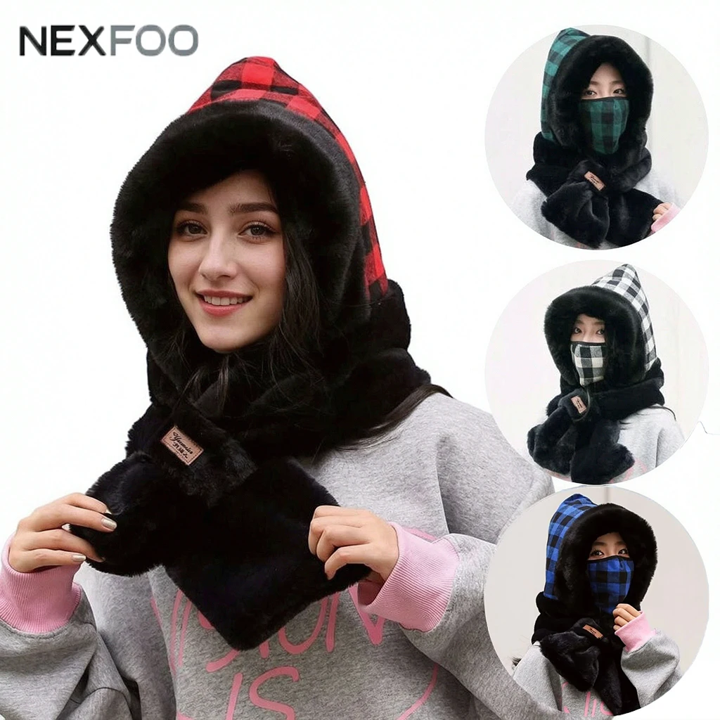 Women All‑in‑one Hat Scarf Mask Winter Thick Warm Hood Scarf Windproof Ear Flaps Fashion Headwear for Cycling Ski Outdoor
