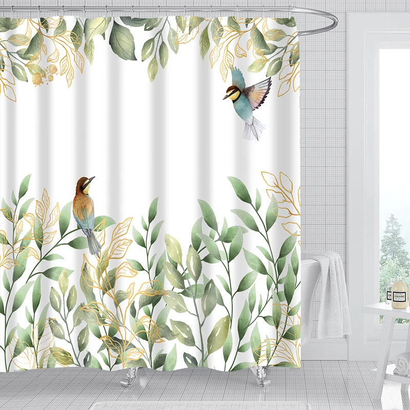 1/4pcs Green Leaves Bird Pattern Shower Curtain Set Polyester Shower Curtain With Hooks Home Bath Curtain For Bathroom Decora