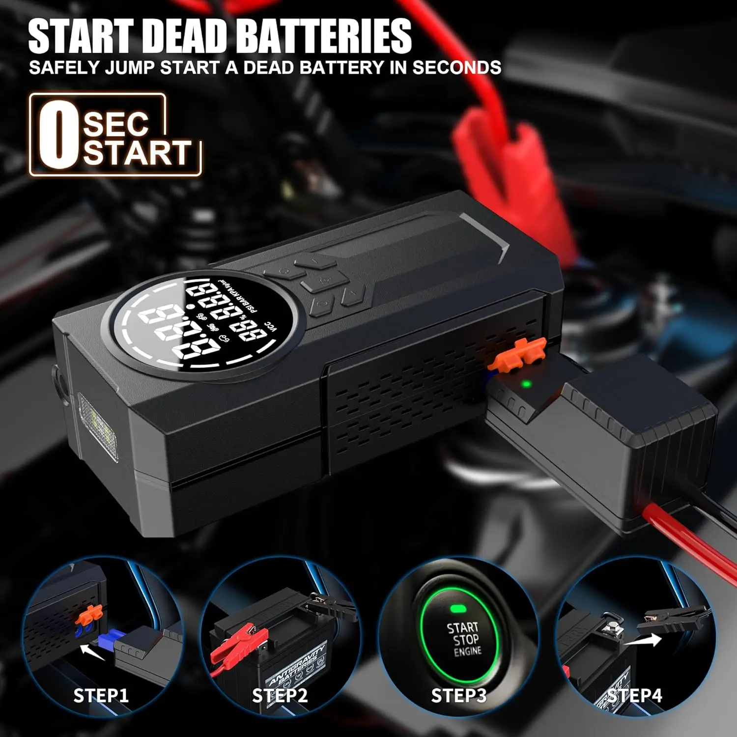 Multifuncional 4 em 1 Jump Starter com Inflador e Power Bank LED Light Jump Starter com Inflator Car Booster com Digital