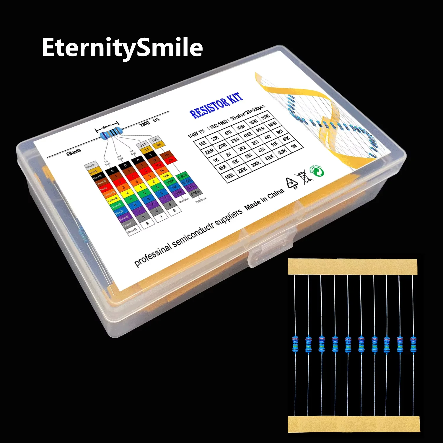 600PCS 30Values Each 20PCS 1% 1/4W Resistor Pack Set Diy Ring Metal 5 Film Resistor Kit Use Colored Ring Resistance  10R-1 M ohm
