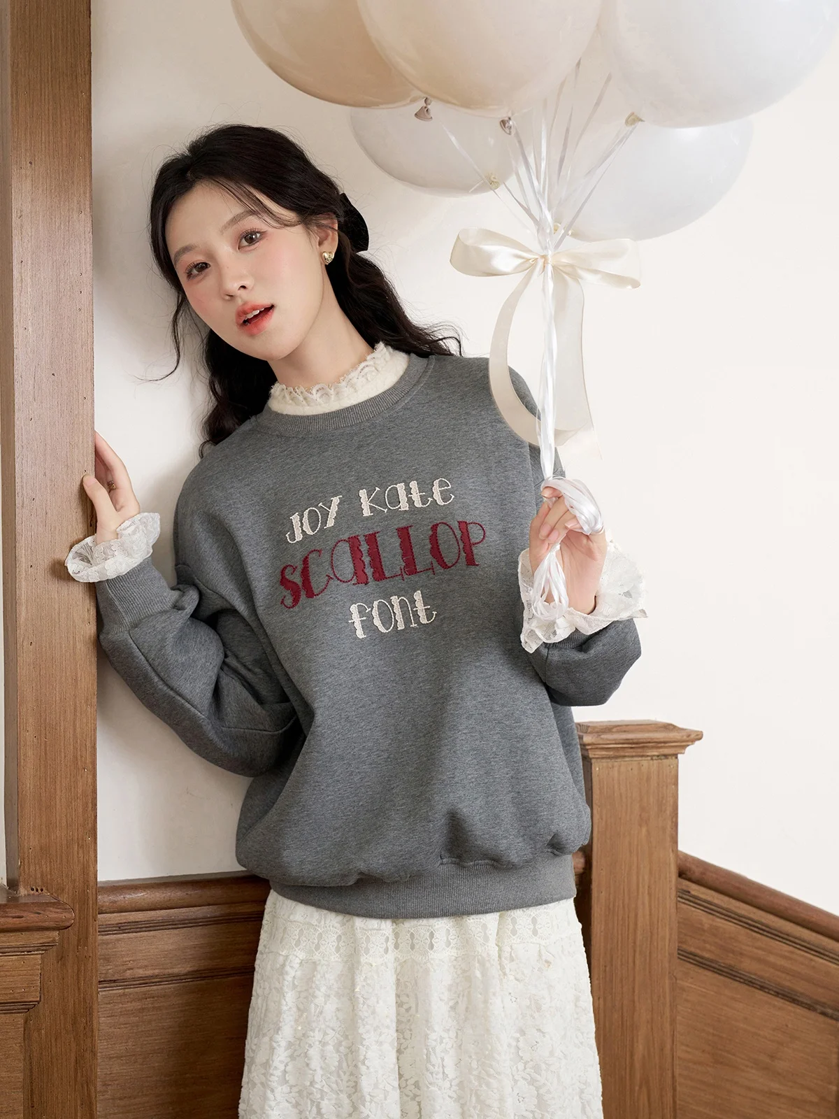 

Faionable Loose Women's Hoodie Flower ey Autumn Winter New Sle round Ne Long Sve Korean Version Commute Sle Swea...