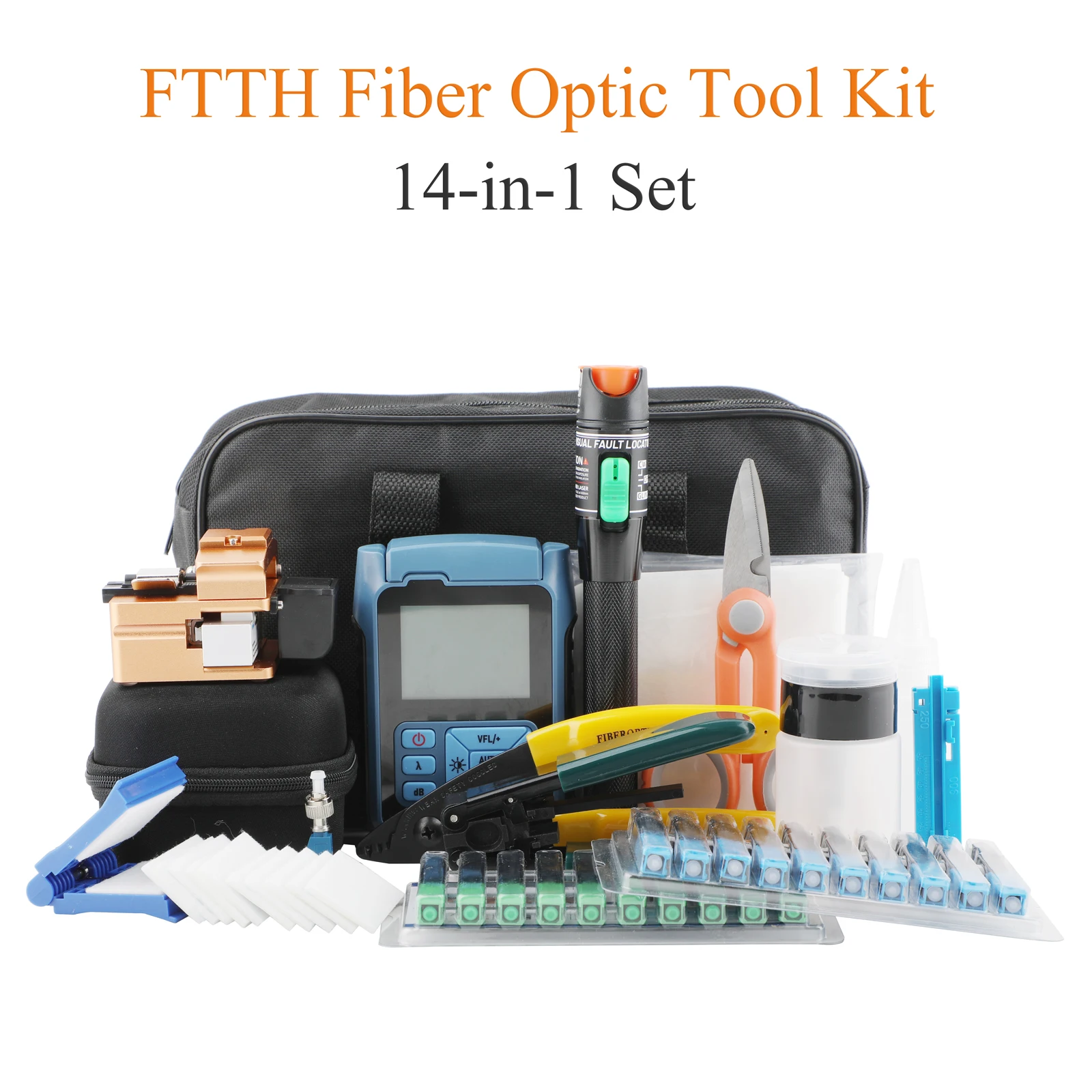 11/12/14/15 PCS in 1 fiber optic termination tool cable welding tool kit -fiber optic cleaver, tester, adapter, cleaning tools